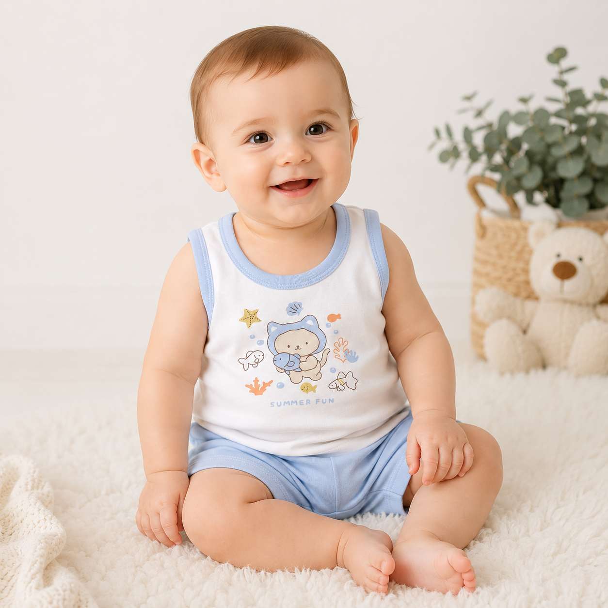 Baby Cotton Vest (White & Blue)