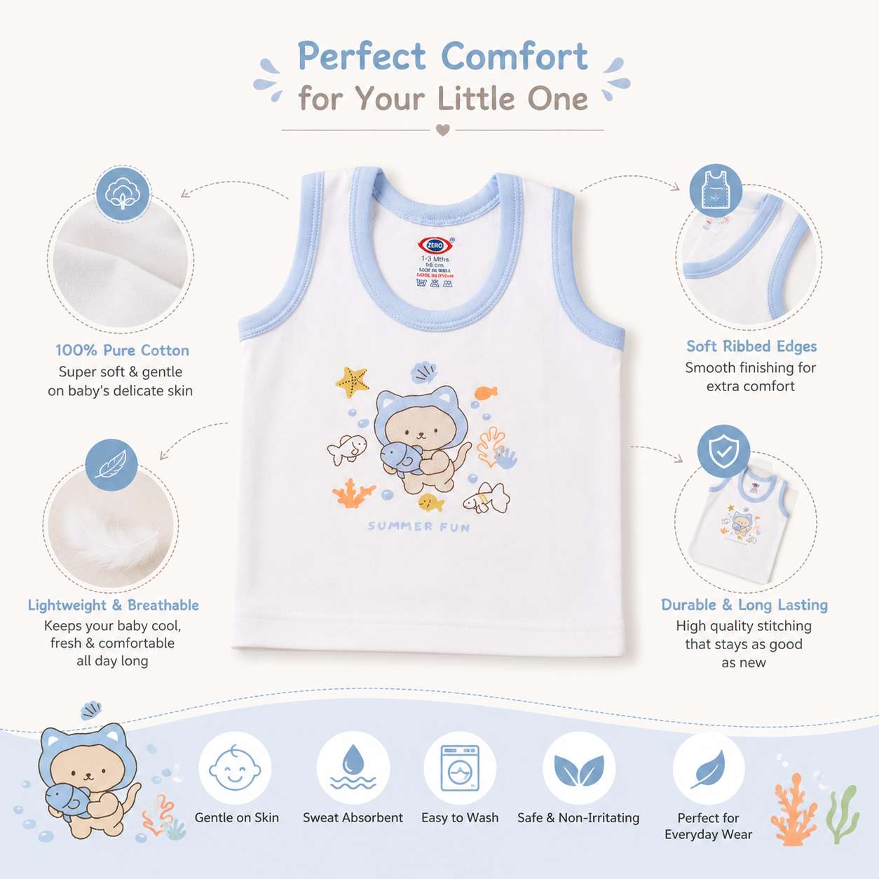 Baby Cotton Vest (White & Blue)
