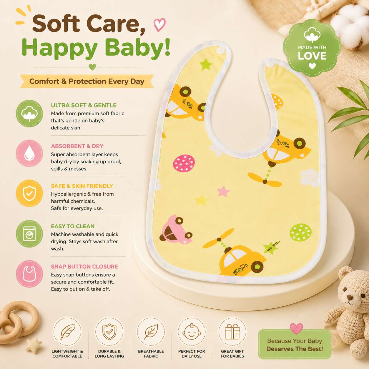 Baby Button Bib – 6–12 Months