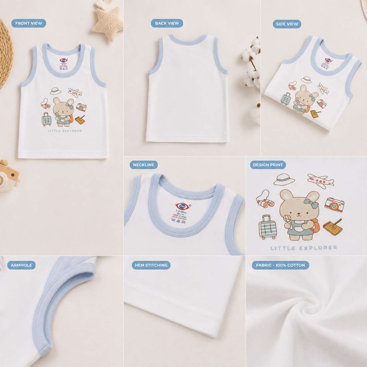 Baby Cotton Vest (White & Blue)