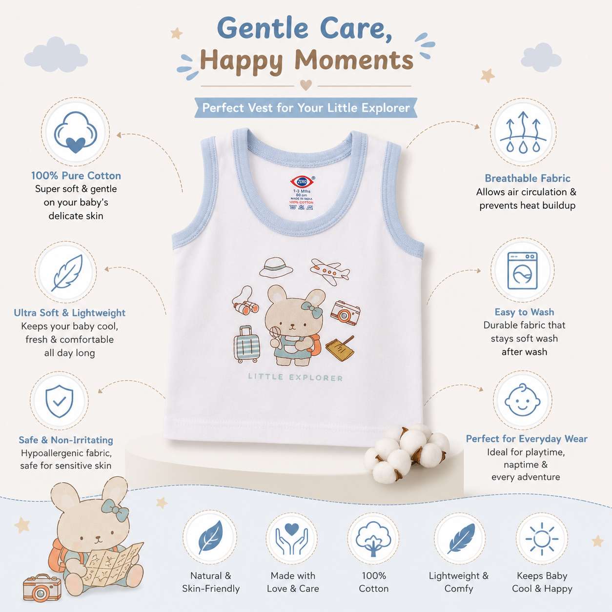 Baby Cotton Vest (White & Blue)